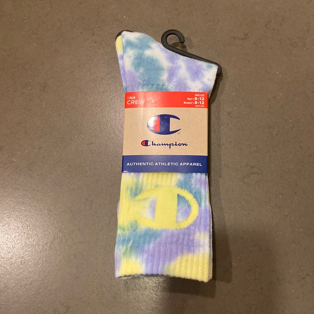 Champion crew socks in cool tie dye colors of blue, green and yellow.